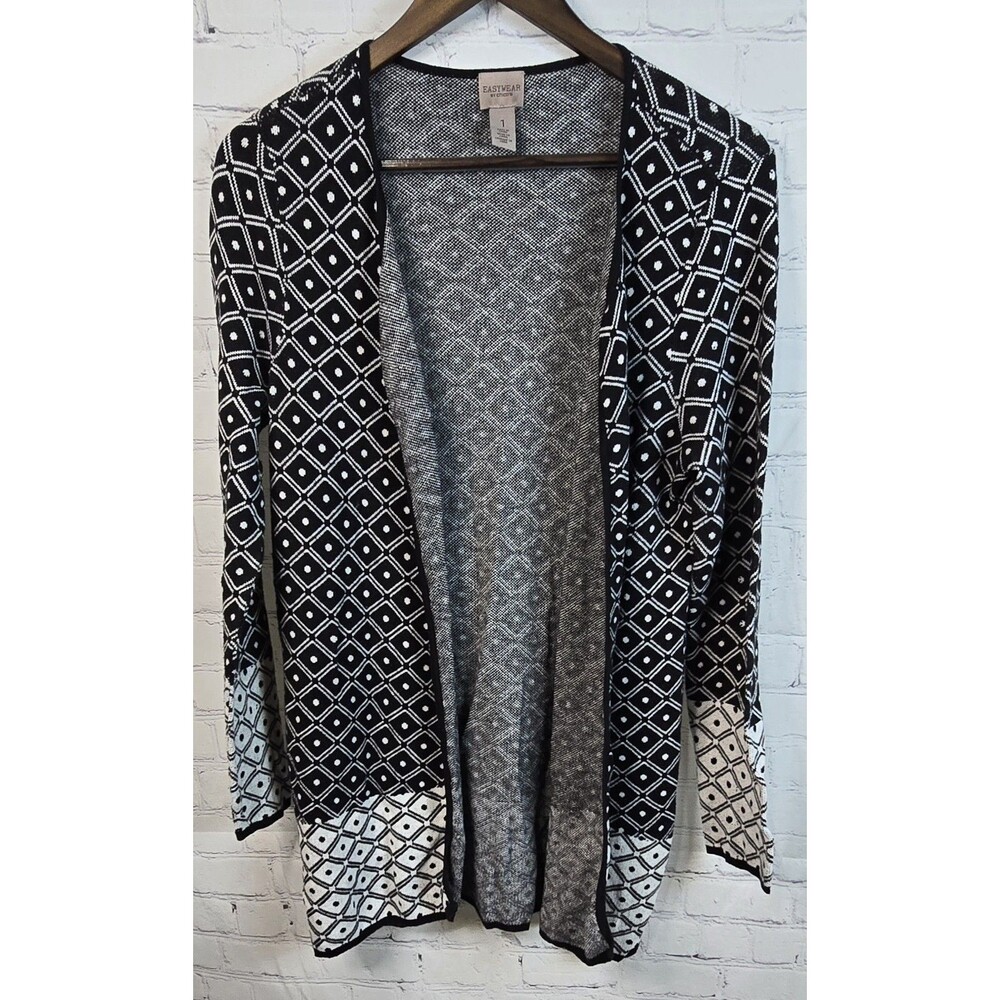 Easywear by Chico's Women’s Cardigan Black White Geometric Open Size 1 US Med